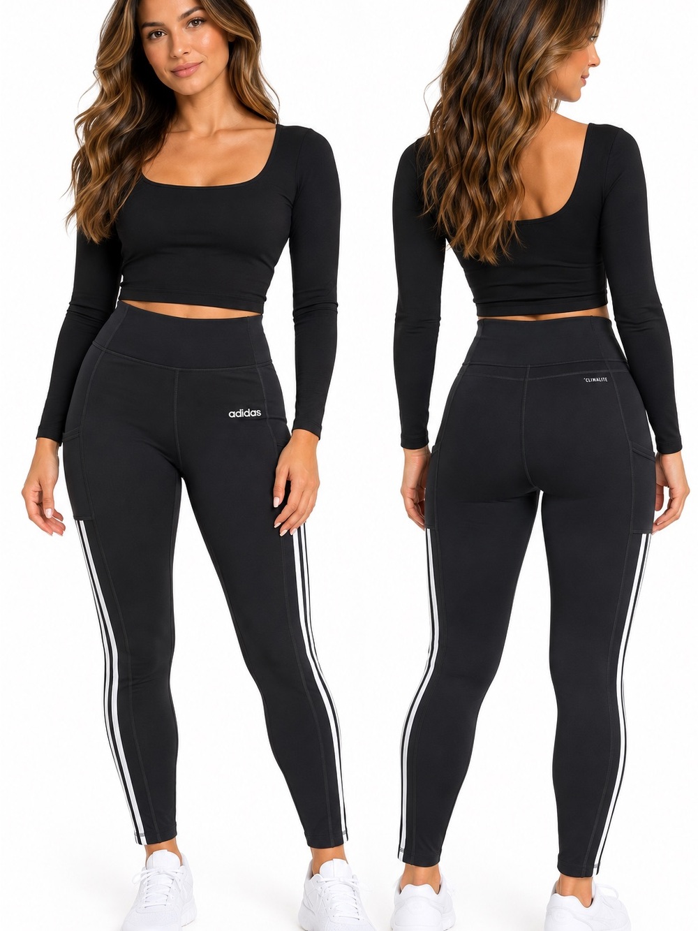 Adidas Climalite Women’s M Black 3-Stripe High Rise Pocket Leggings